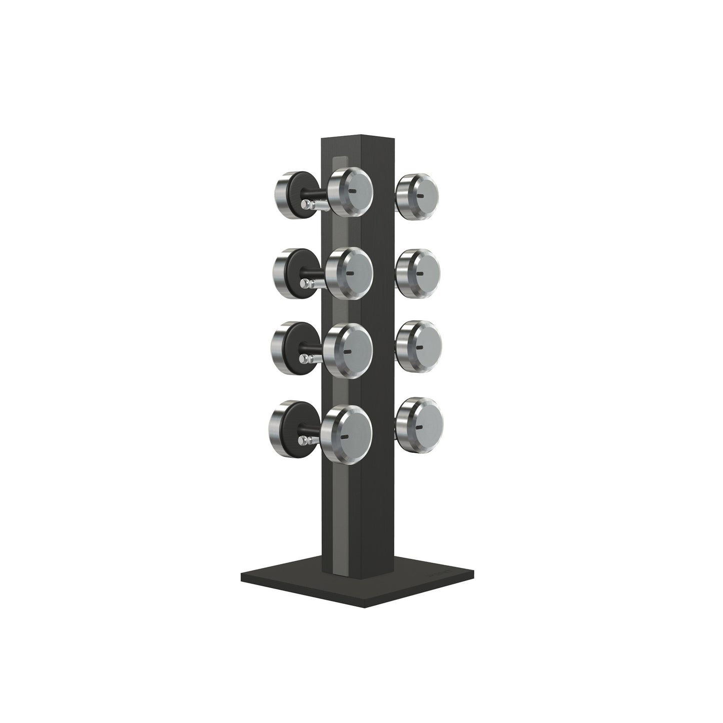Luxury gym equipment, 4 pair of dumbbells on vertical wooden stand, made with stainless steel, Italian grey leather and black ash wood.
