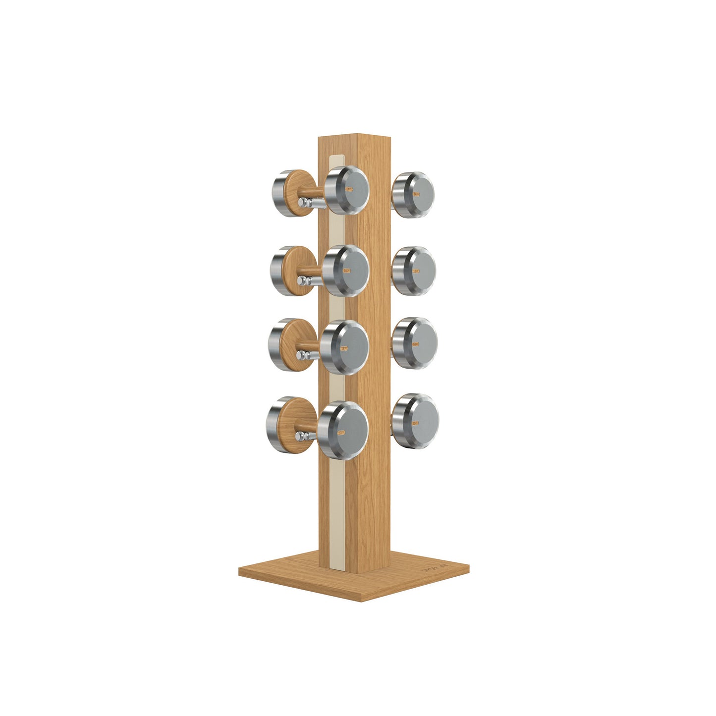 Luxury gym equipment, 4 pair of dumbbells on vertical wooden stand, made with stainless steel, Italian beige leather and oak wood.