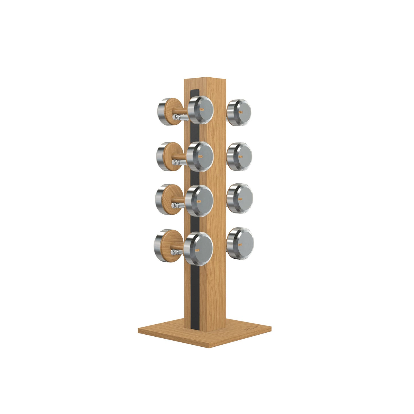 Luxury gym equipment, 4 pair of dumbbells on vertical wooden stand, made with stainless steel, Italian black leather and oak wood.