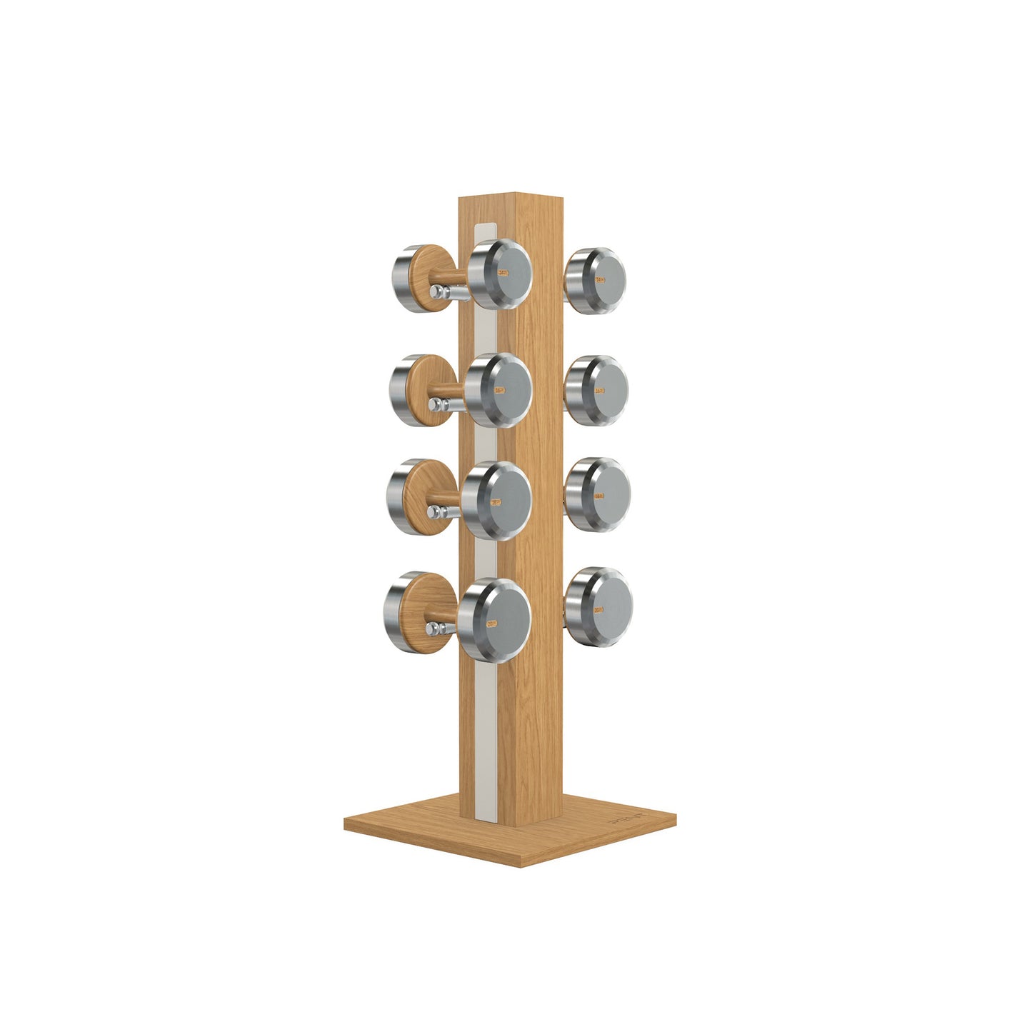 Luxury gym equipment, 4 pair of dumbbells on vertical wooden stand, made with stainless steel, Italian white leather and oak wood.