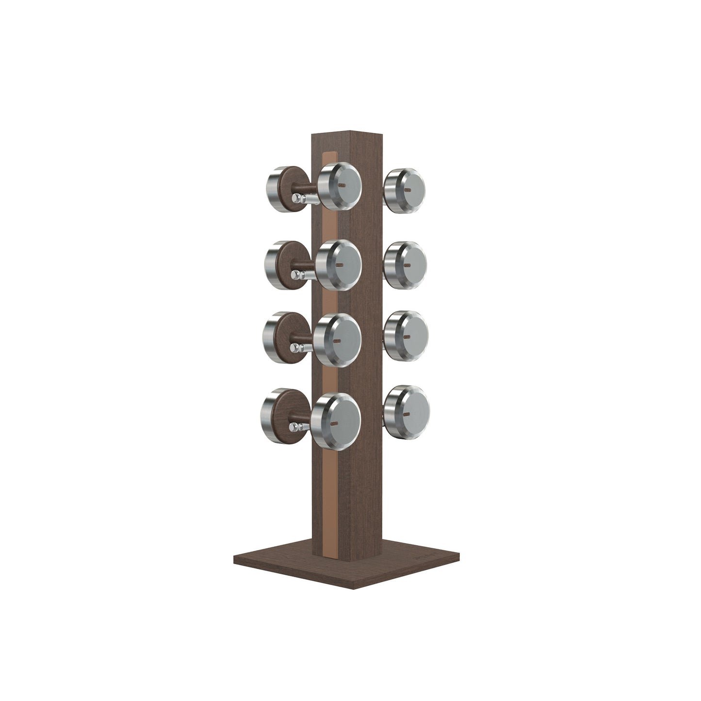Luxury gym equipment, 4 pair of dumbbells on vertical wooden stand, made with stainless steel, Italian brown leather and dark walnut wood.