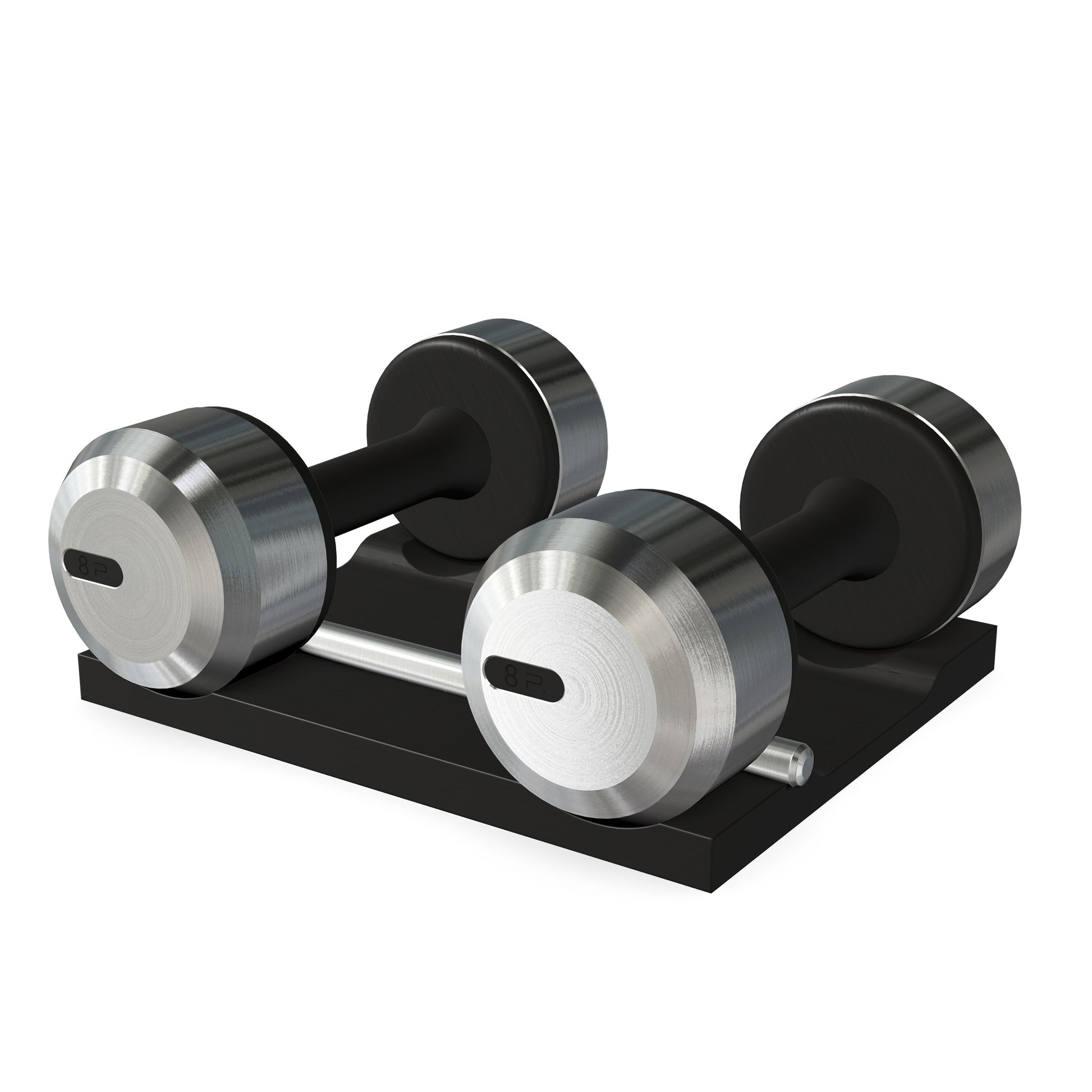 Luxury dumbbells made with black ash wood and stainless steel on black ash wooden stand. Available in weights ranging between 2 - 30kg. PENT. COLMIA - Luxury Dumbbells on Wooden Stand