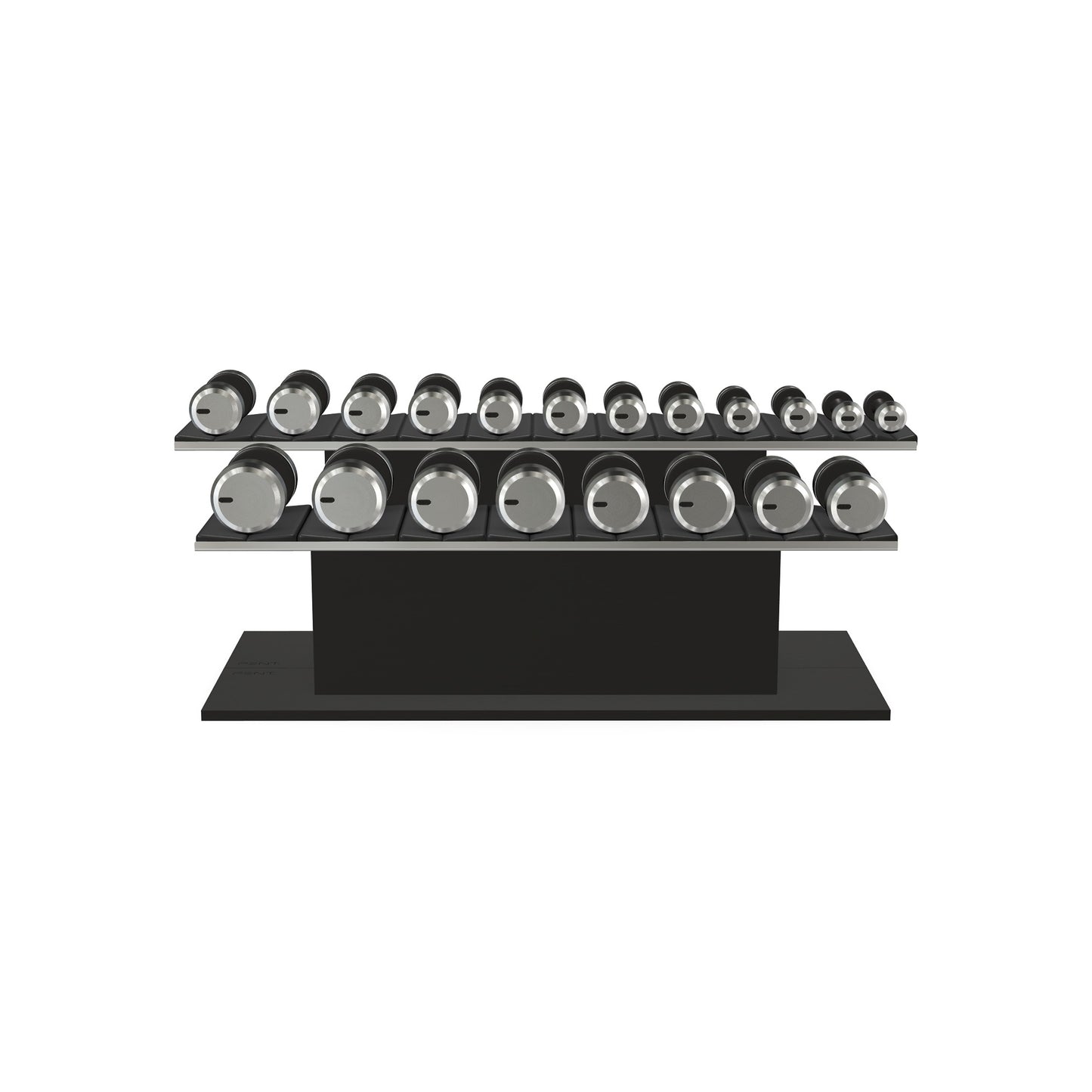 Luxury gym equipment, 10 pair of dumbbells on horizontal wooden stand, made with stainless steel, Italian black leather and black ash wood.