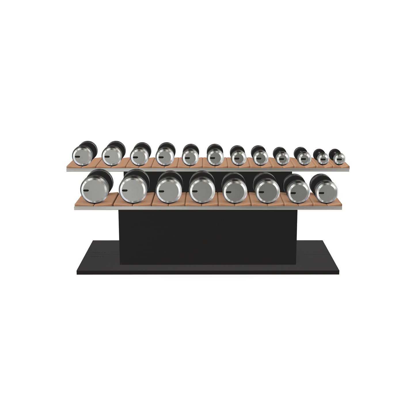 Luxury gym equipment, 10 pair of dumbbells on horizontal wooden stand, made with stainless steel, Italian brown leather and black ash wood.