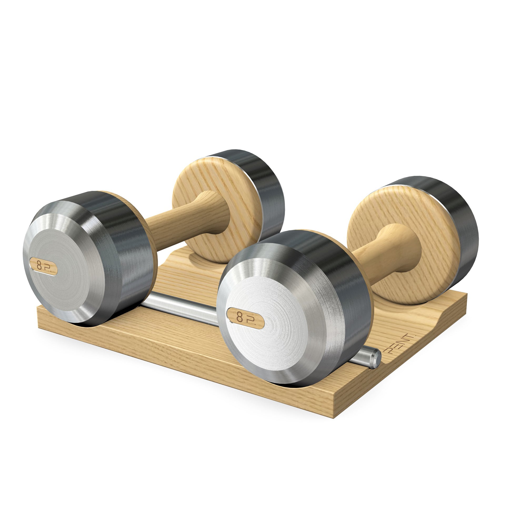Luxury dumbbells made with natural ash wood and stainless steel on natural ash wooden stand. Available in weights ranging between 2 - 30kg. PENT. COLMIA - Luxury Dumbbells on Wooden Stand