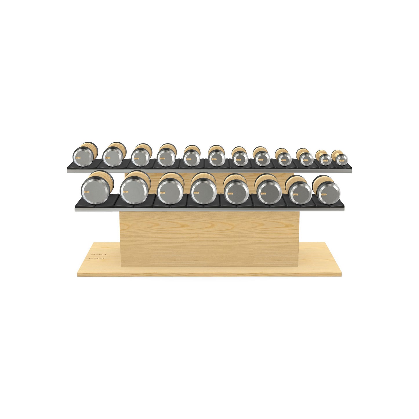 Luxury gym equipment, 10 pair of dumbbells on horizontal wooden stand, made with stainless steel, Italian black leather and natural ash wood.