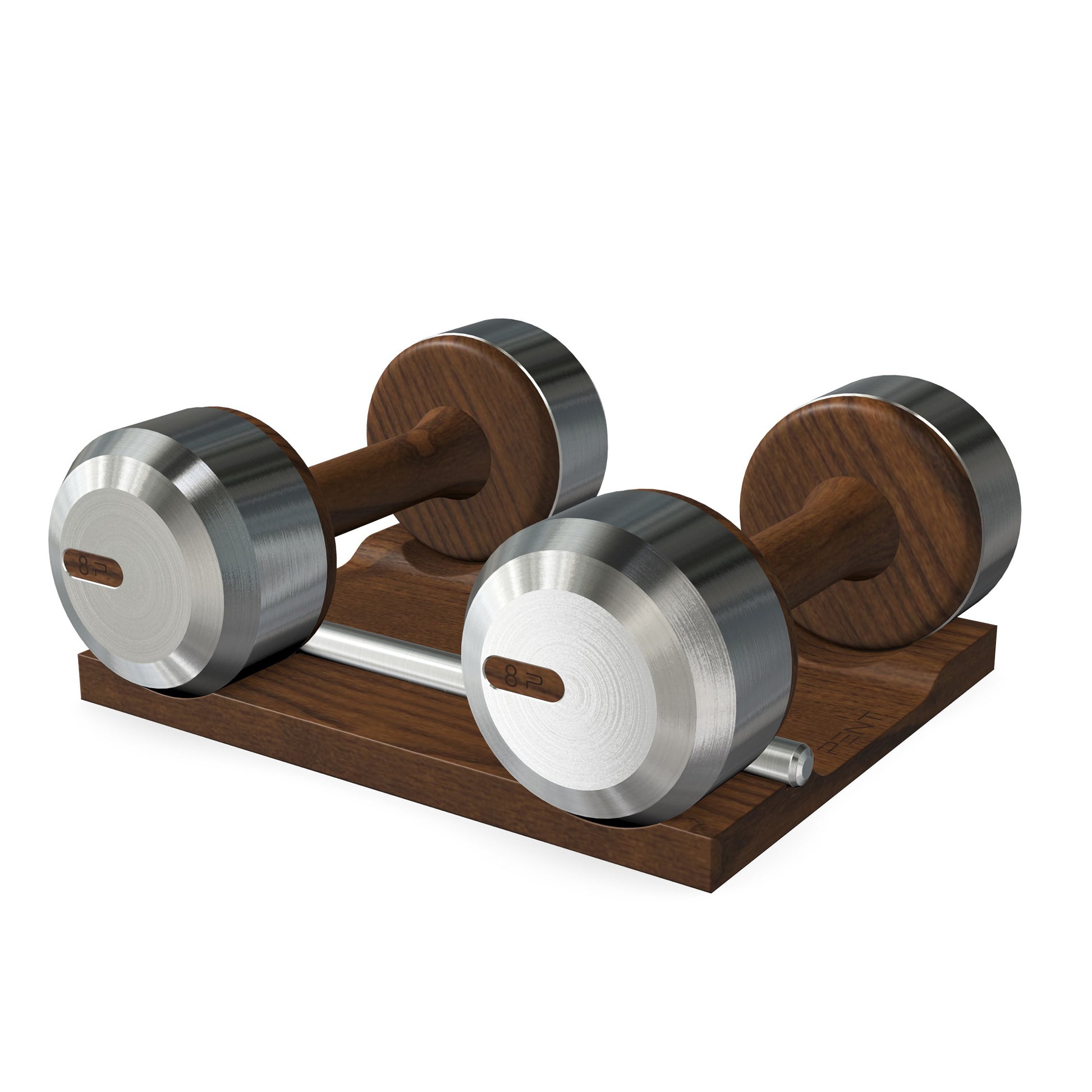 Luxury dumbbells made with walnut ash wood and stainless steel on walnut ash wooden stand. Available in weights ranging between 2 - 30kg. PENT. COLMIA - Luxury Dumbbells on Wooden Stand