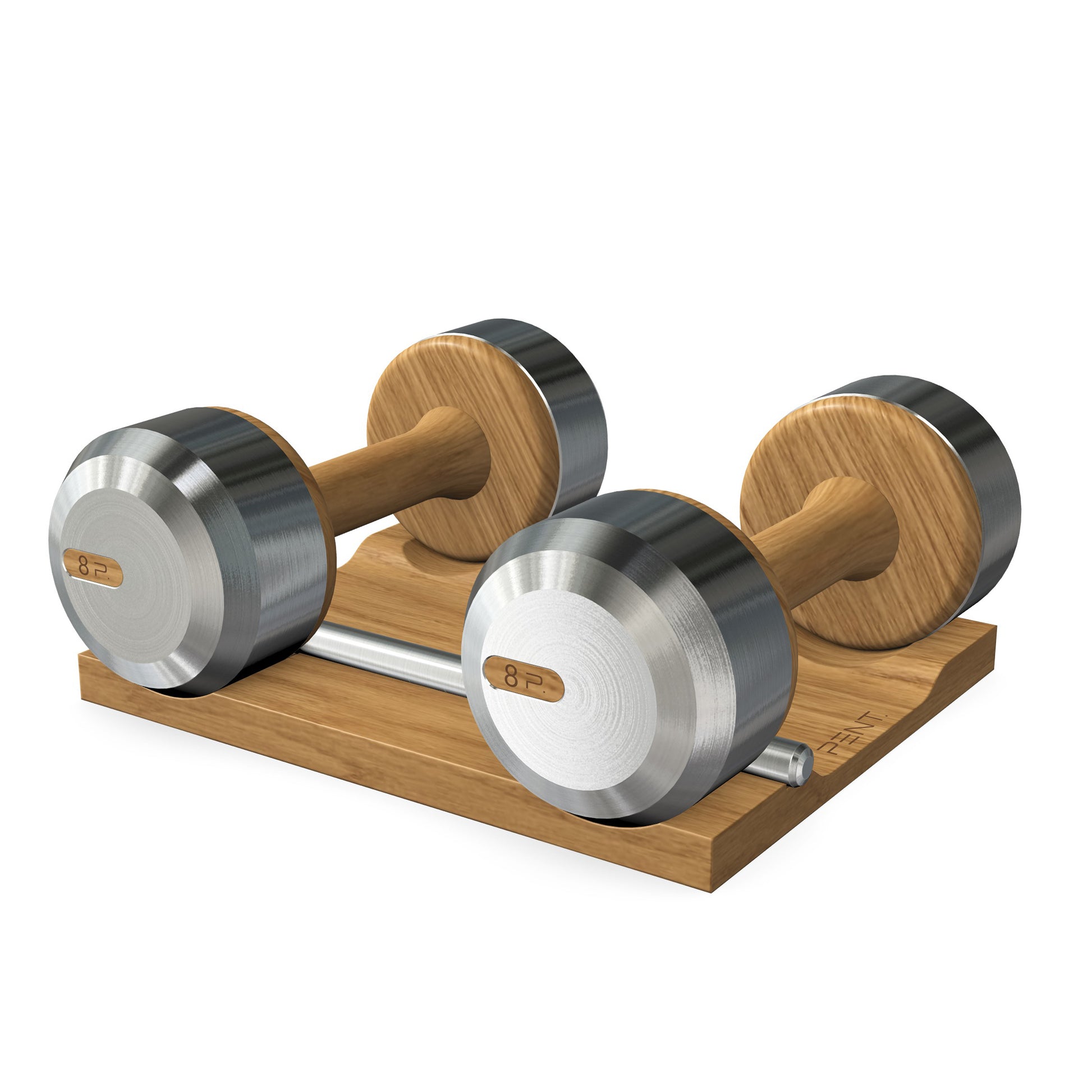 Luxury dumbbells made with oak wood and stainless steel on oak wooden stand. Available in weights ranging between 2 - 30kg. PENT. COLMIA - Luxury Dumbbells on Wooden Stand