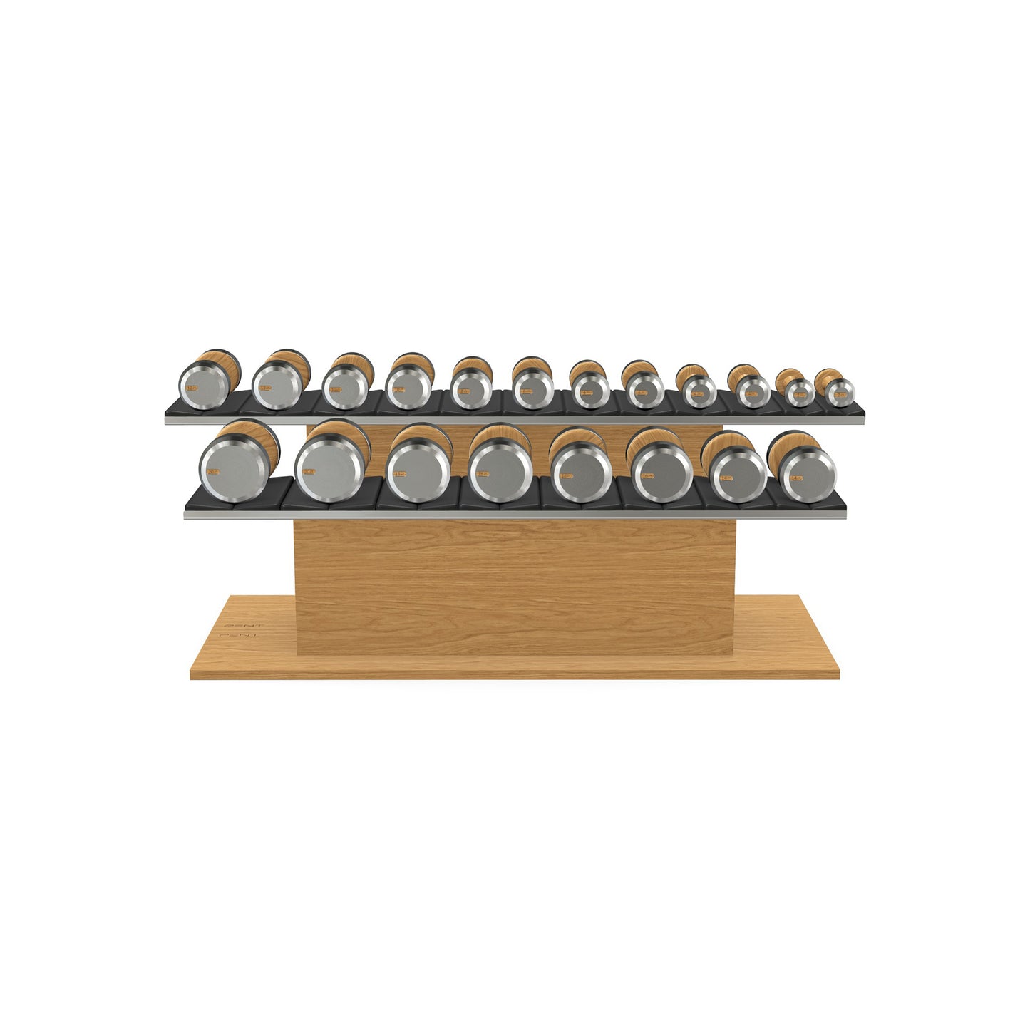 Luxury gym equipment, 10 pair of dumbbells on horizontal wooden stand, made with stainless steel, Italian black leather and oak wood.