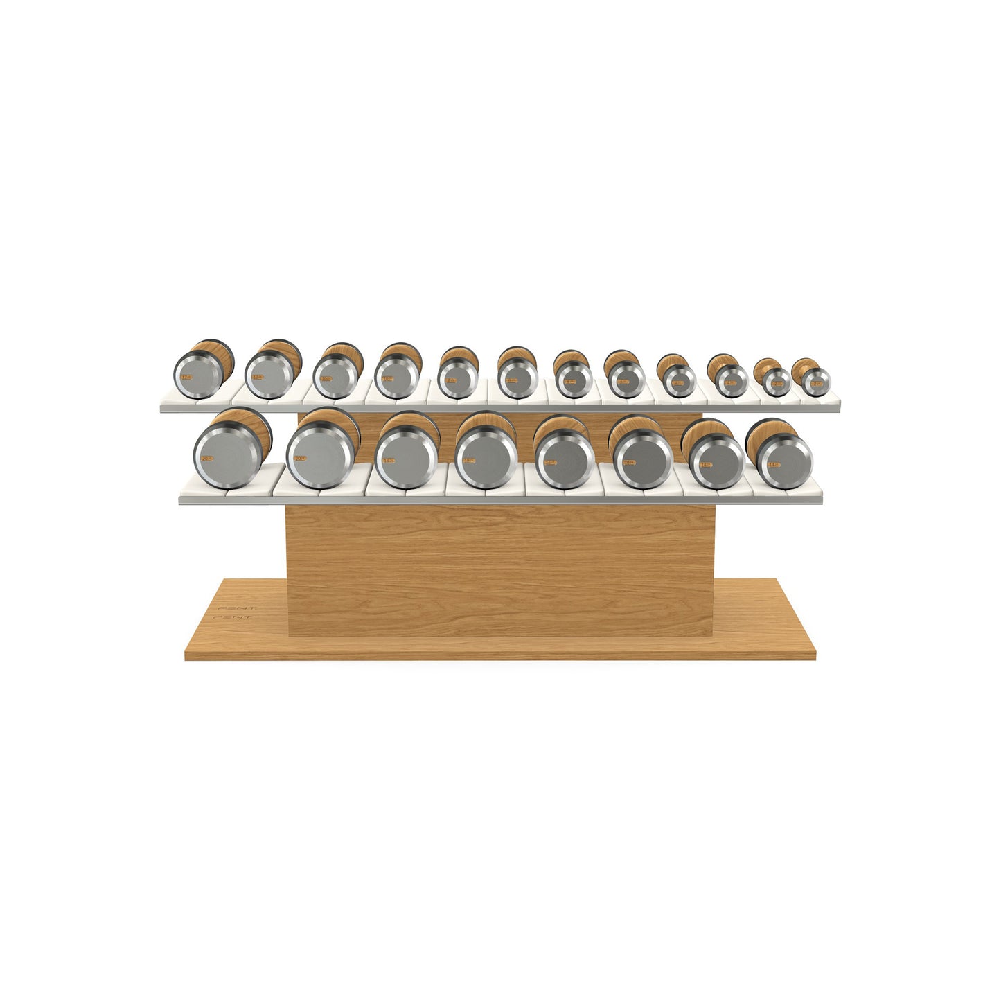 Luxury gym equipment, 10 pair of dumbbells on horizontal wooden stand, made with stainless steel, Italian white leather and oak wood.