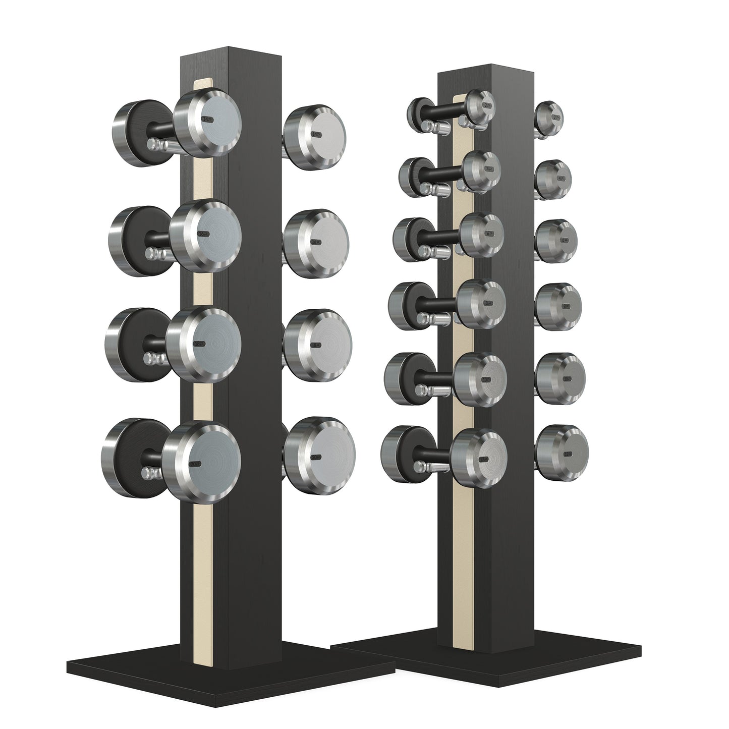 Luxury gym equipment, 10 pair of dumbbells on 2 vertical wooden stand, made with stainless steel, Italian beige leather and black ash wood.