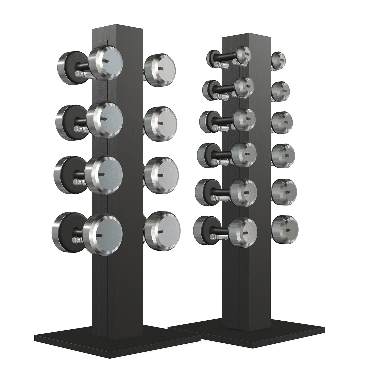 Luxury gym equipment, 10 pair of dumbbells on 2 vertical wooden stand, made with stainless steel, Italian black leather and black ash wood.