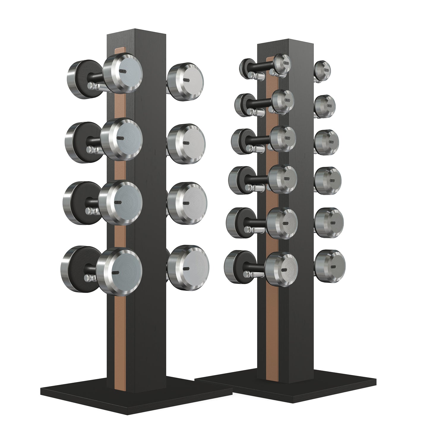 Luxury gym equipment, 10 pair of dumbbells on 2 vertical wooden stand, made with stainless steel, Italian brown leather and black ash wood.