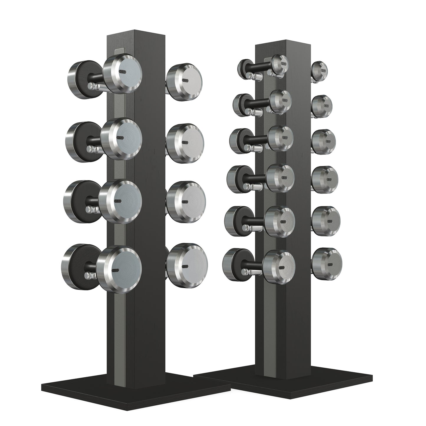 Luxury gym equipment, 10 pair of dumbbells on 2 vertical wooden stand, made with stainless steel, Italian grey leather and black ash wood.