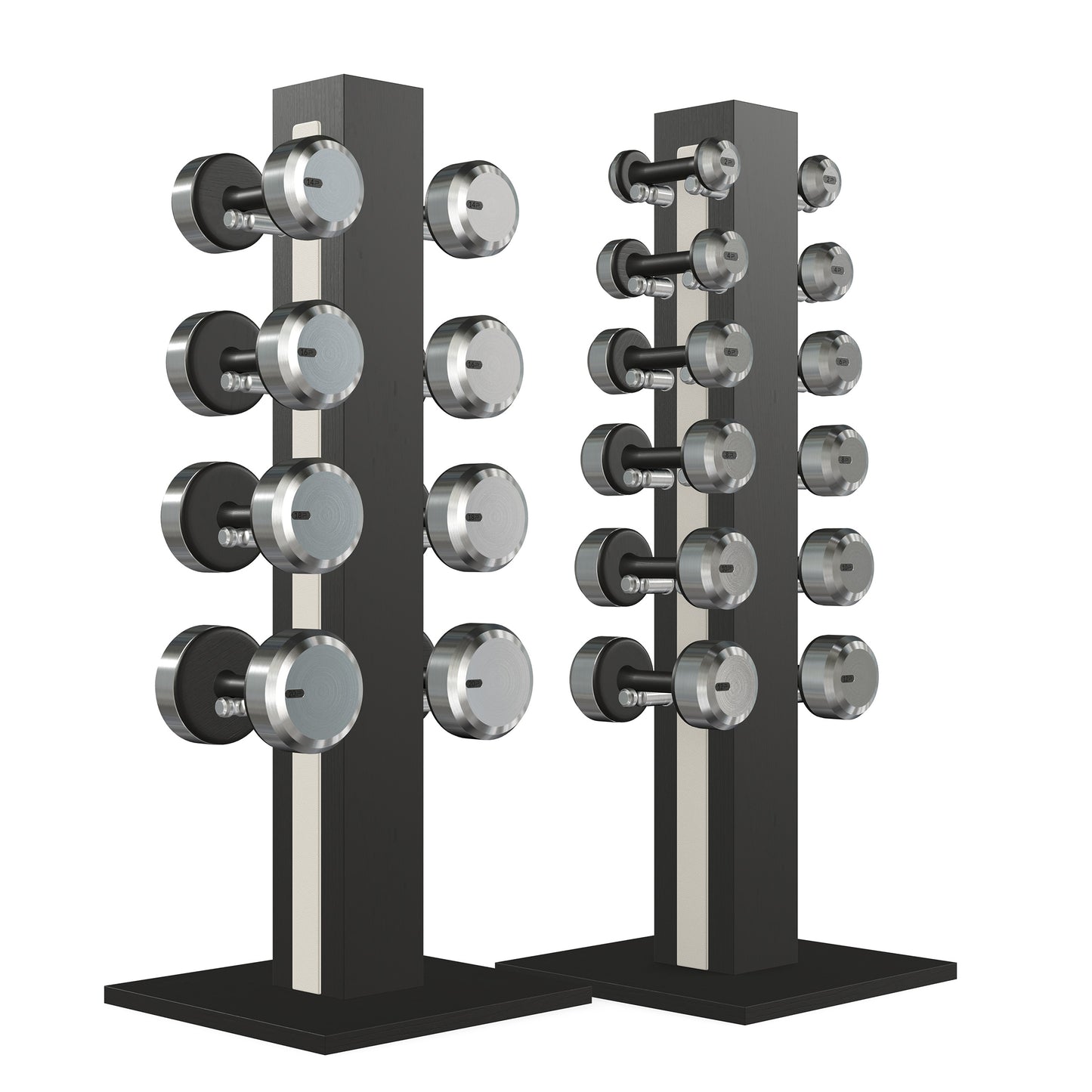 Luxury gym equipment, 10 pair of dumbbells on 2 vertical wooden stand, made with stainless steel, Italian white leather and black ash wood.