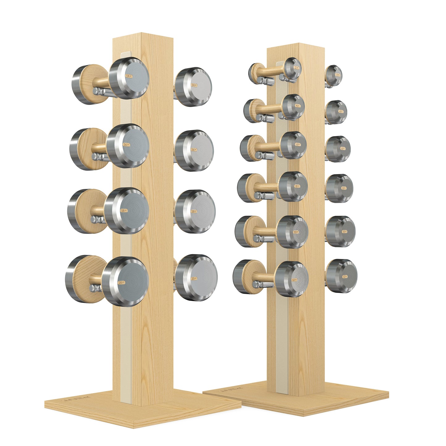 Luxury gym equipment, 10 pair of dumbbells on 2 vertical wooden stand, made with stainless steel, Italian beige leather and natural ash wood.
