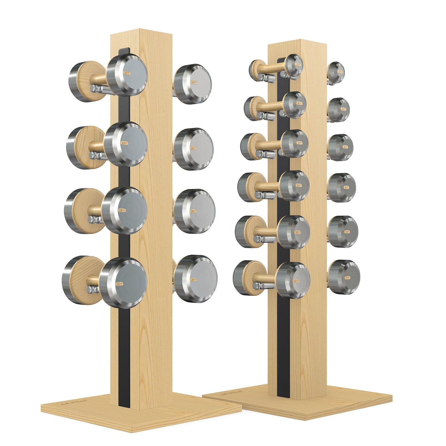 Luxury gym equipment, 10 pair of dumbbells on 2 vertical wooden stand, made with stainless steel, Italian black leather and natural ash wood.