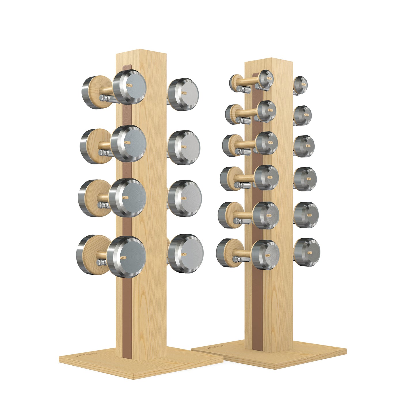 Luxury gym equipment, 10 pair of dumbbells on 2 vertical wooden stand, made with stainless steel, Italian brown leather and natural ash wood.