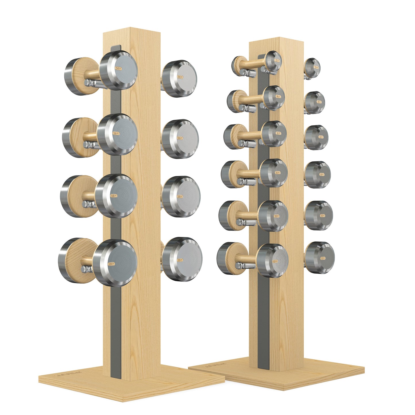 Luxury gym equipment, 10 pair of dumbbells on 2 vertical wooden stand, made with stainless steel, Italian grey leather and natural ash wood.
