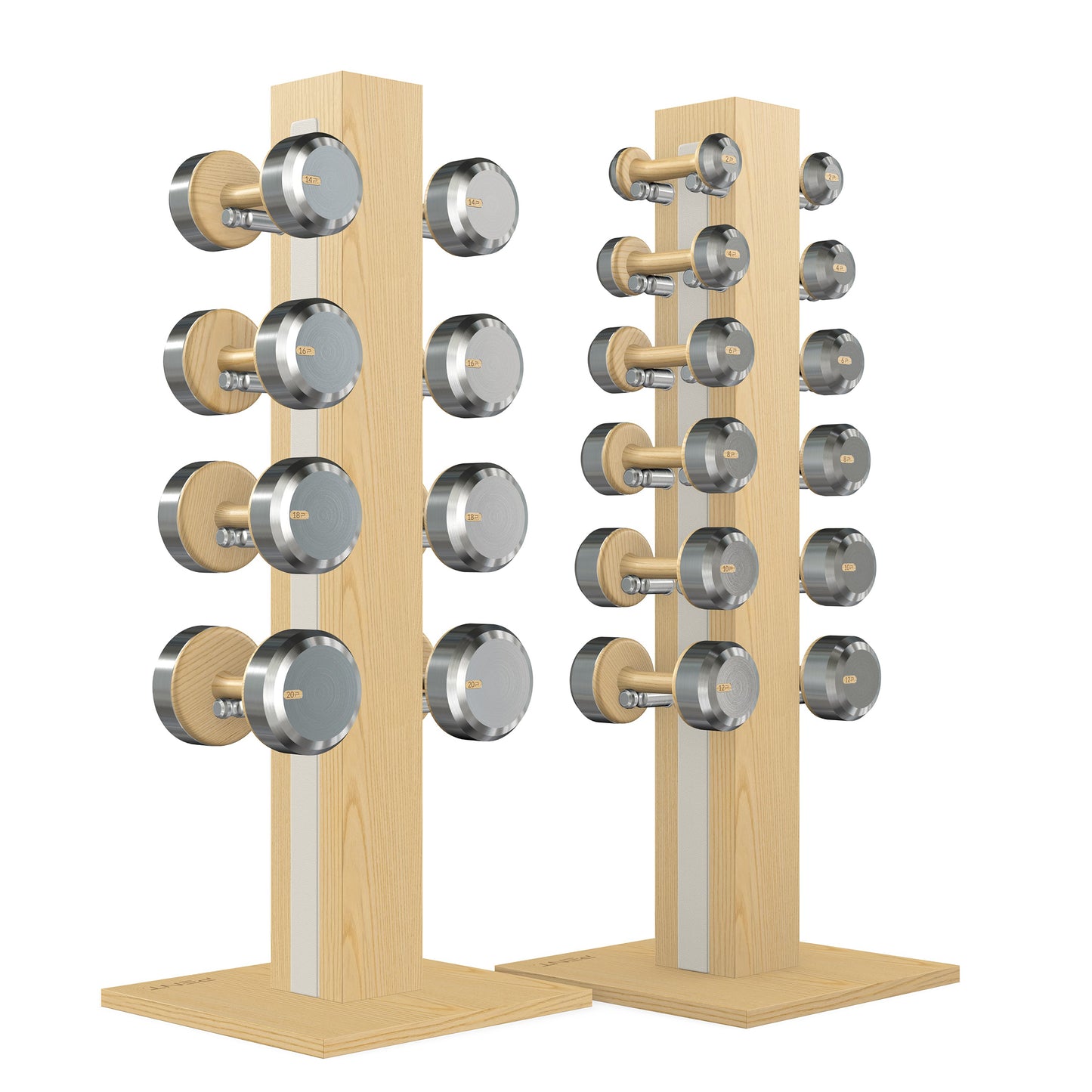 Luxury gym equipment, 10 pair of dumbbells on 2 vertical wooden stand, made with stainless steel, Italian white leather and natural ash wood.