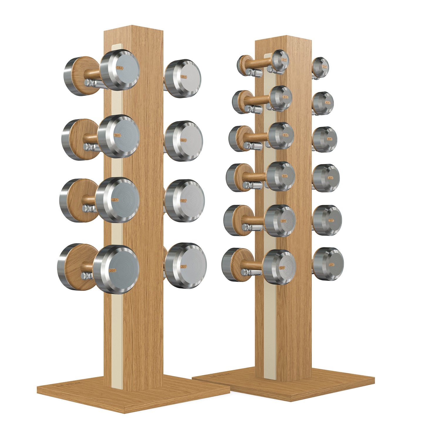 Luxury gym equipment, 10 pair of dumbbells on 2 vertical wooden stand, made with stainless steel, Italian beige leather and oak wood.