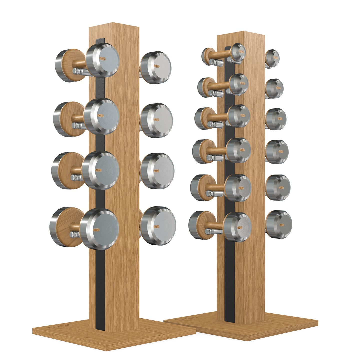 Luxury gym equipment, 10 pair of dumbbells on 2 vertical wooden stand, made with stainless steel, Italian black leather and oak wood.