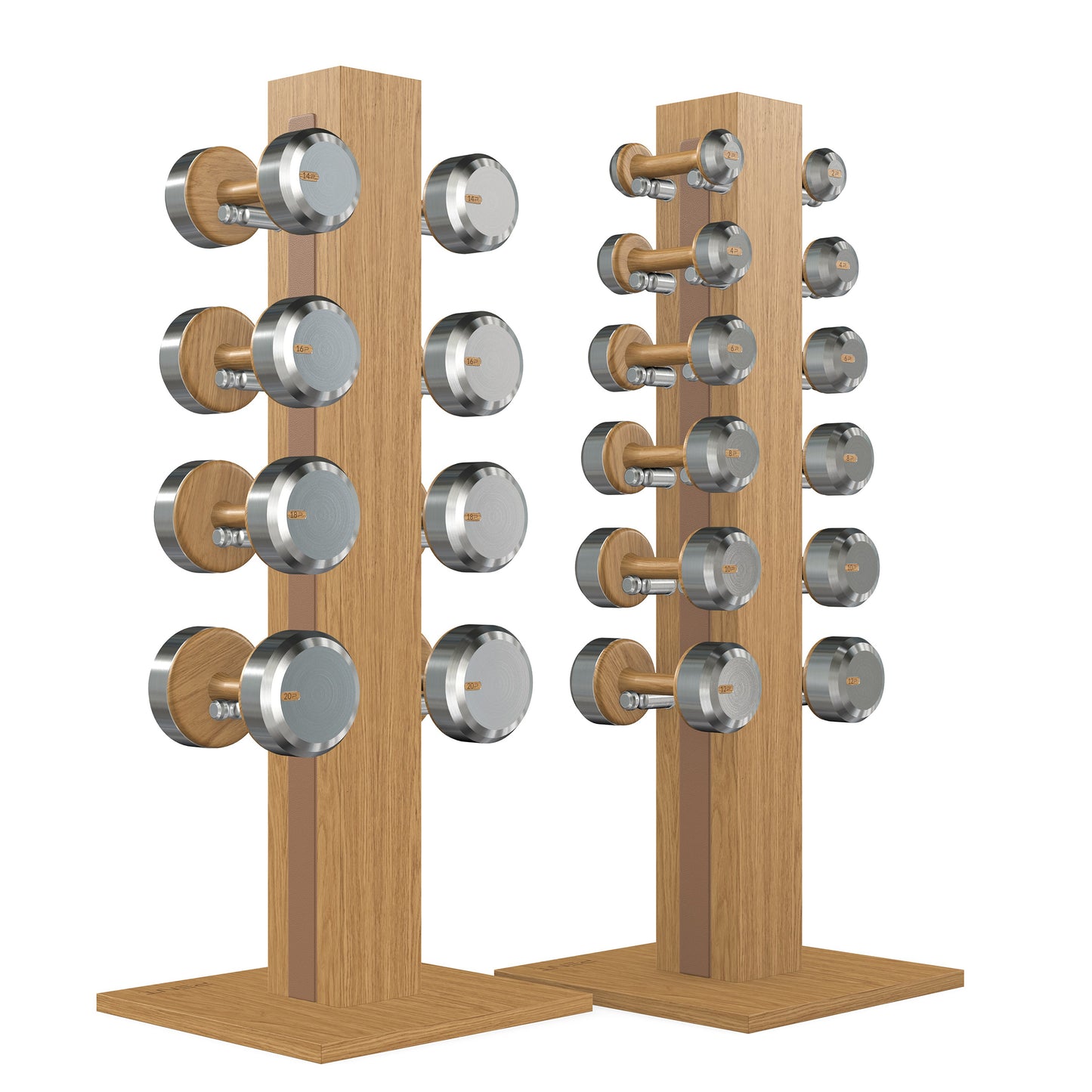 Luxury gym equipment, 10 pair of dumbbells on 2 vertical wooden stand, made with stainless steel, Italian brown leather and oak wood.