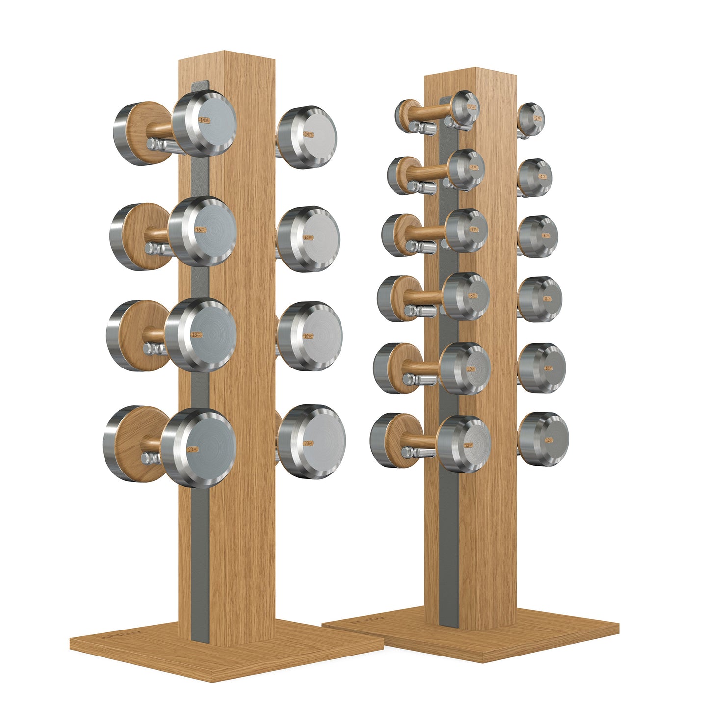 Luxury gym equipment, 10 pair of dumbbells on 2 vertical wooden stand, made with stainless steel, Italian grey leather and oak wood.