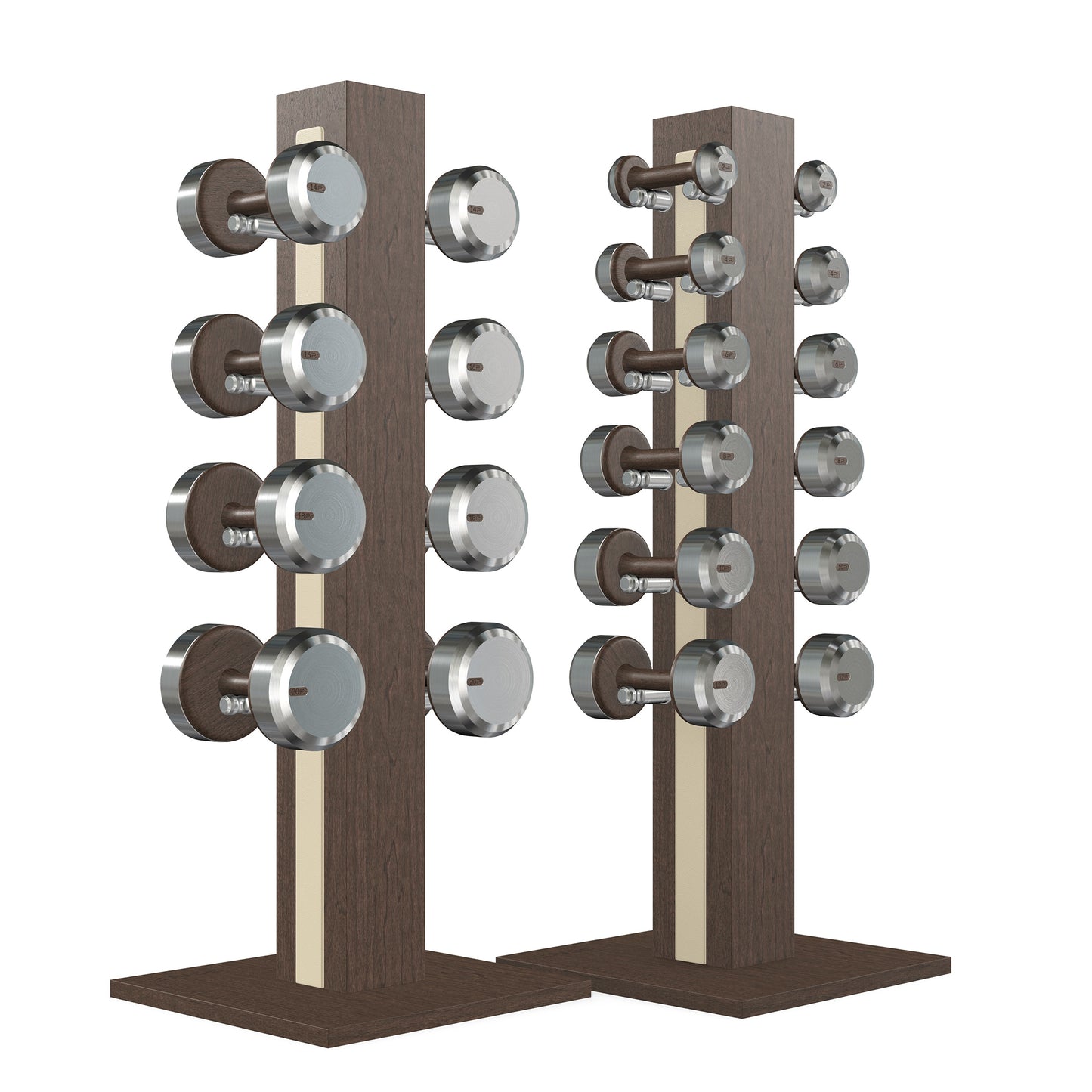 Luxury gym equipment, 10 pair of dumbbells on 2 vertical wooden stand, made with stainless steel, Italian beige leather and dark walnut wood.