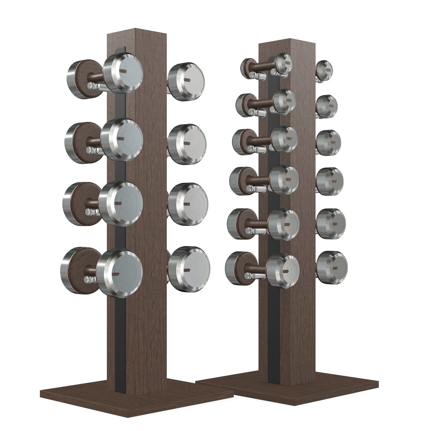 Luxury gym equipment, 10 pair of dumbbells on 2 vertical wooden stand, made with stainless steel, Italian black leather and dark walnut wood.