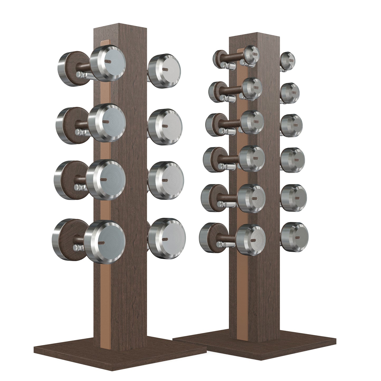 Luxury gym equipment, 10 pair of dumbbells on 2 vertical wooden stand, made with stainless steel, Italian brown leather and dark walnut wood.
