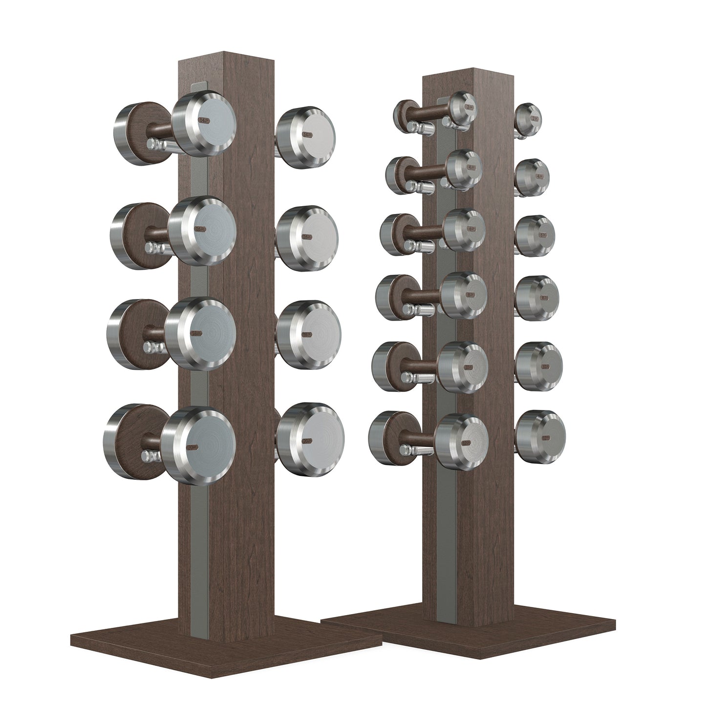 Luxury gym equipment, 10 pair of dumbbells on 2 vertical wooden stand, made with stainless steel, Italian grey leather and dark walnut wood.