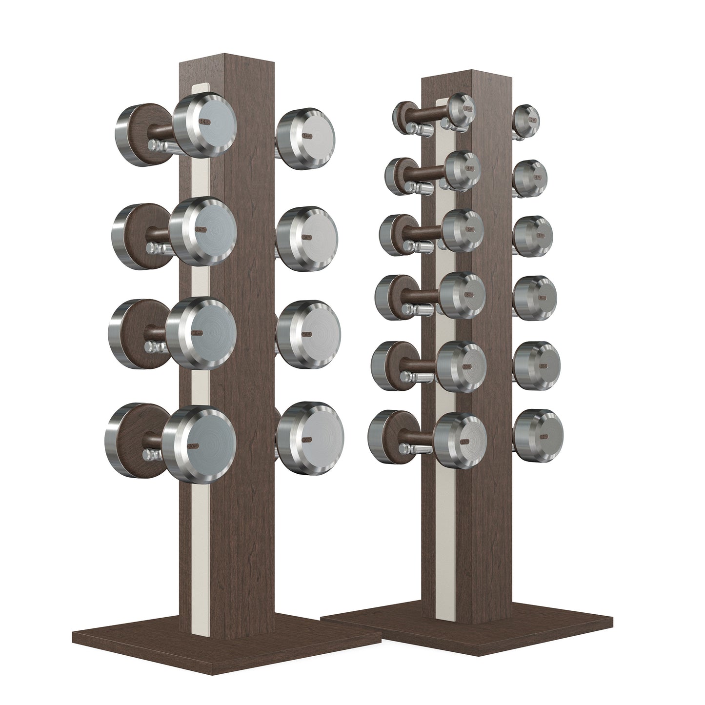 Luxury gym equipment, 10 pair of dumbbells on 2 vertical wooden stand, made with stainless steel, Italian white leather and dark walnut wood.