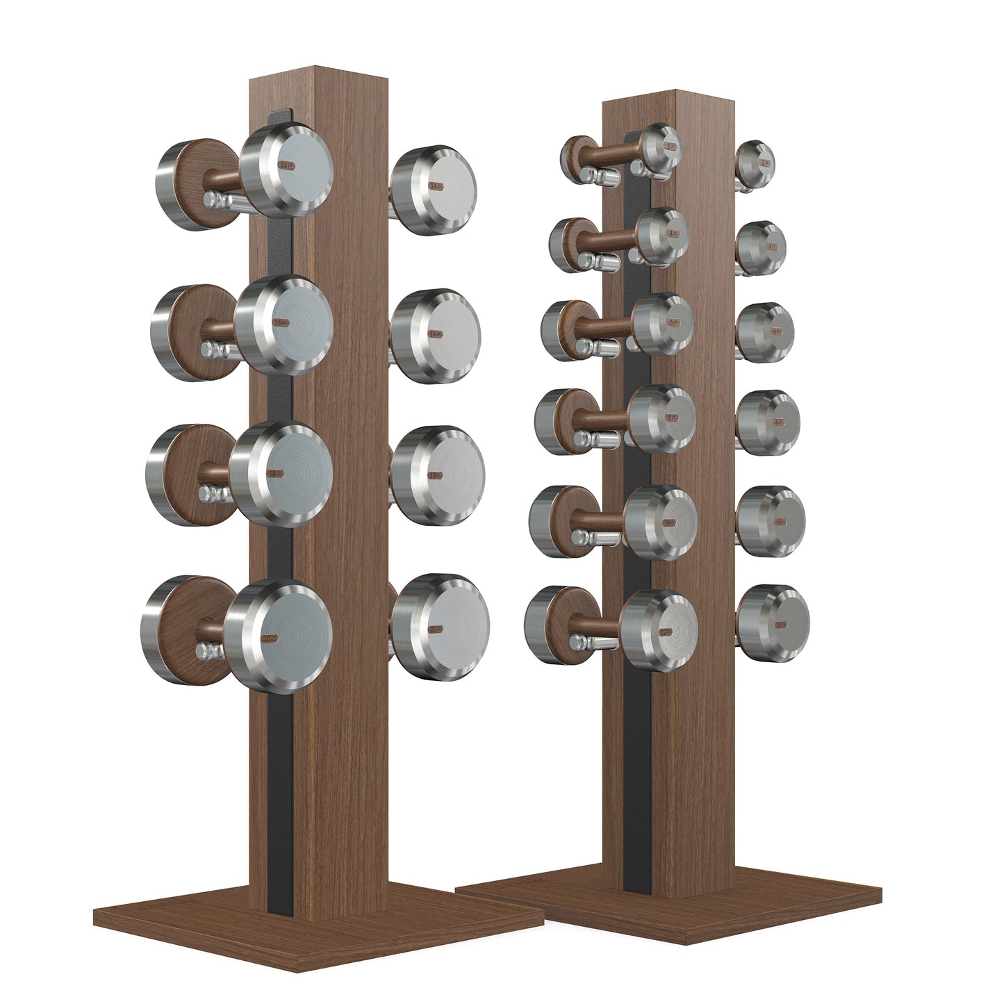 Luxury gym equipment, 10 pair of dumbbells on 2 vertical wooden stand, made with stainless steel, Italian black leather and natural walnut wood.
