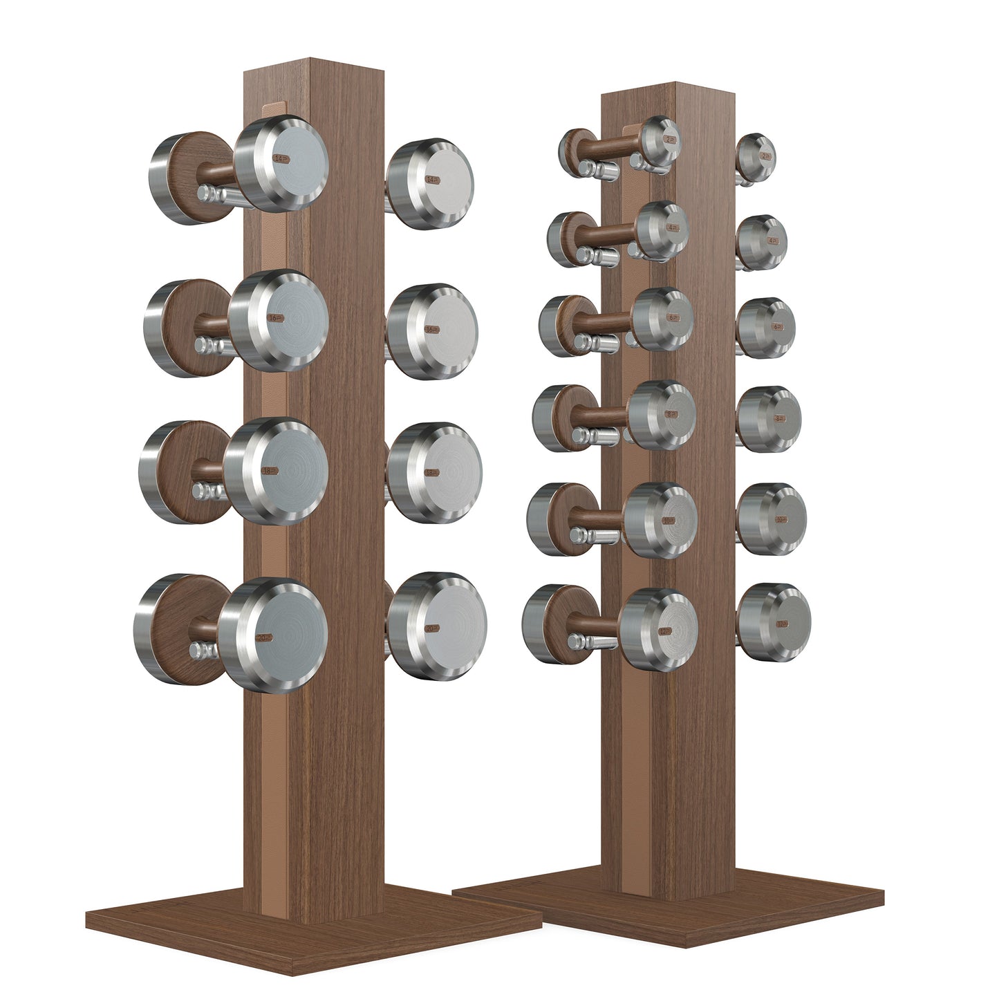 Luxury gym equipment, 10 pair of dumbbells on 2 vertical wooden stand, made with stainless steel, Italian brown leather and natural walnut wood.