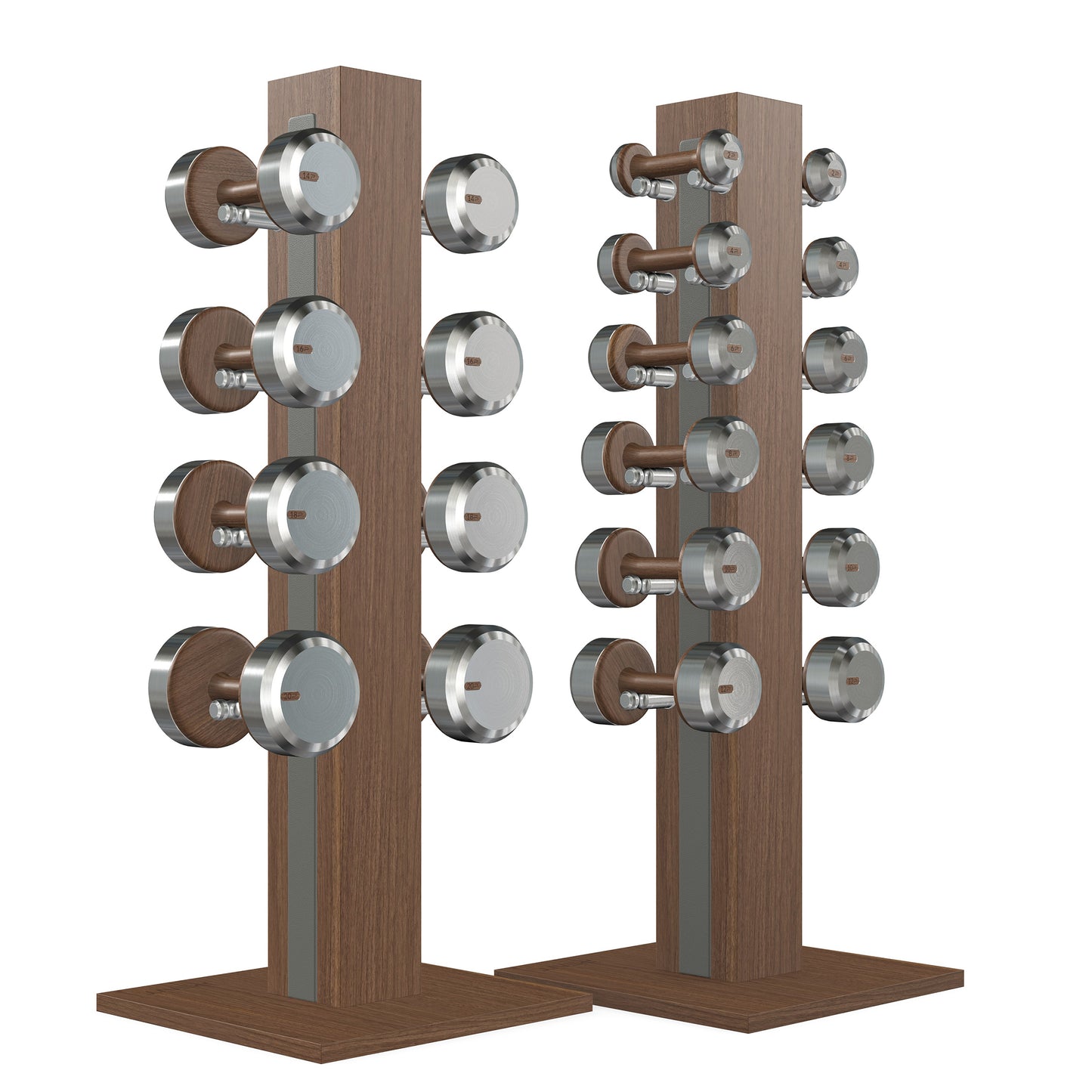 Luxury gym equipment, 10 pair of dumbbells on 2 vertical wooden stand, made with stainless steel, Italian grey leather and natural walnut wood.
