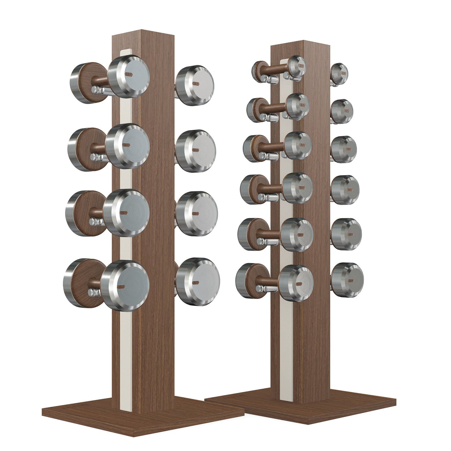Luxury gym equipment, 10 pair of dumbbells on 2 vertical wooden stand, made with stainless steel, Italian white leather and natural walnut wood.