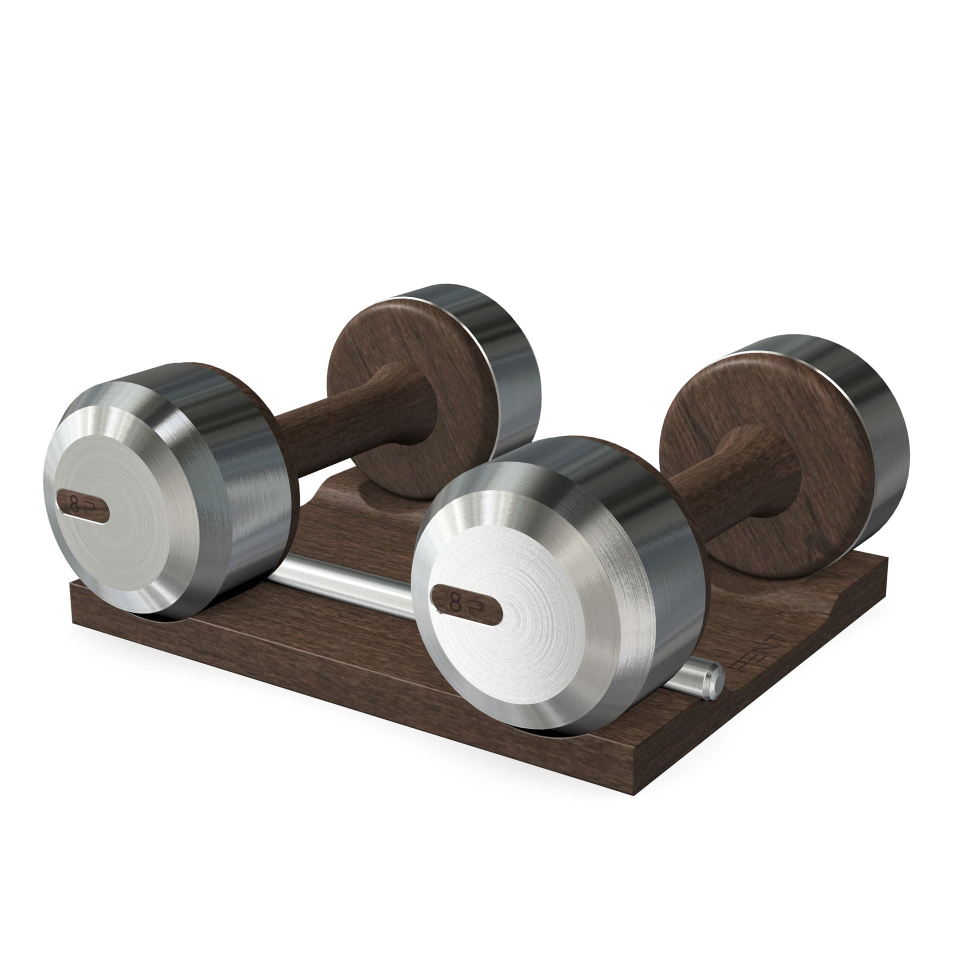 Luxury dumbbells made with dark walnut wood and stainless steel on dark walnut wooden stand. Available in weights ranging between 2 - 30kg. PENT. COLMIA - Luxury Dumbbells on Wooden Stand