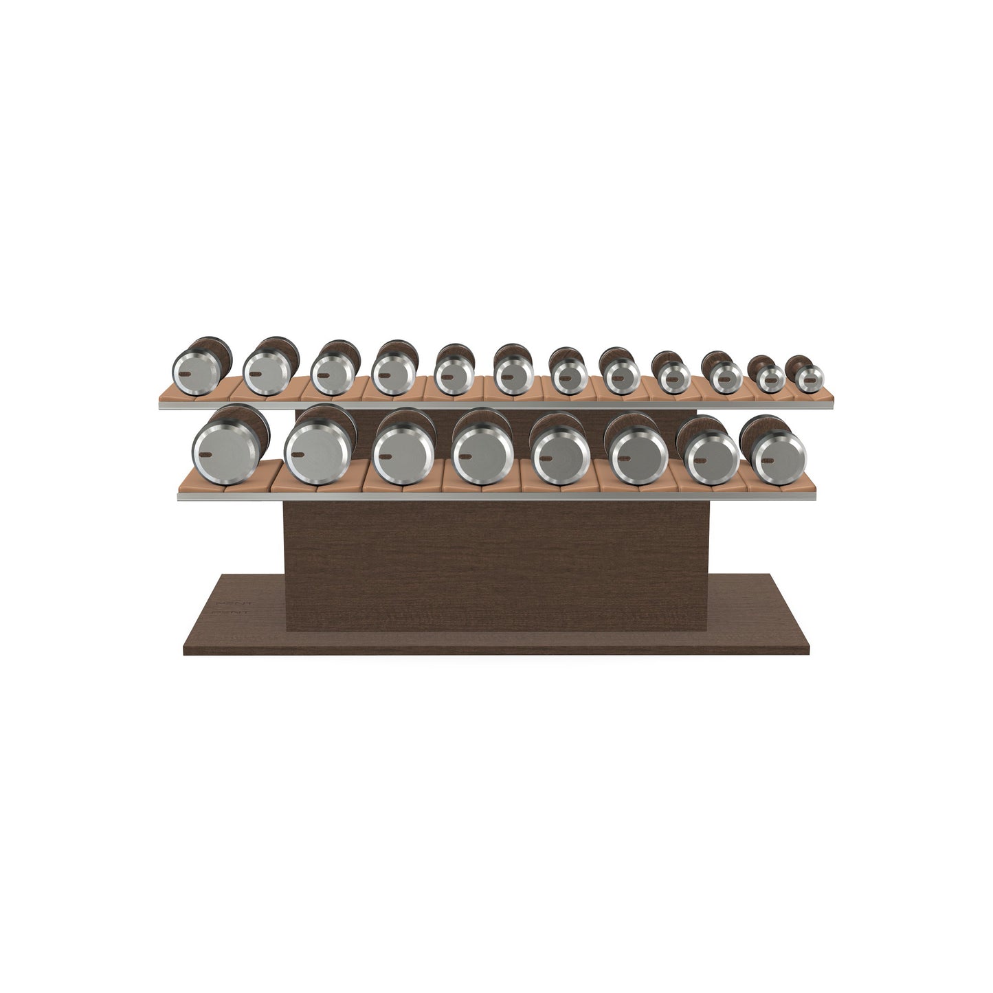 Luxury gym equipment, 10 pair of dumbbells on horizontal wooden stand, made with stainless steel, Italian brown leather and dark walnut wood.
