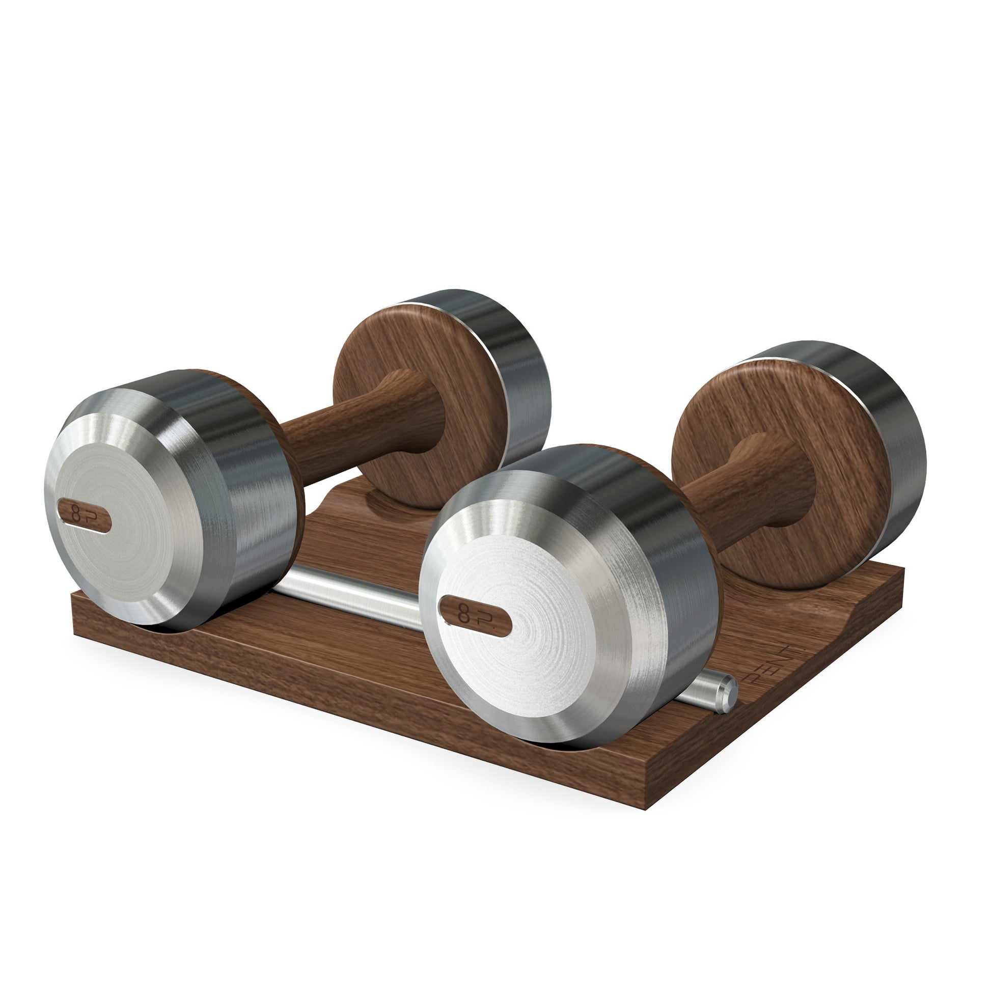 Luxury dumbbells made with natural walnut wood and stainless steel on natural walnut wooden stand. Available in weights ranging between 2 - 30kg. PENT. COLMIA - Luxury Dumbbells on Wooden Stand