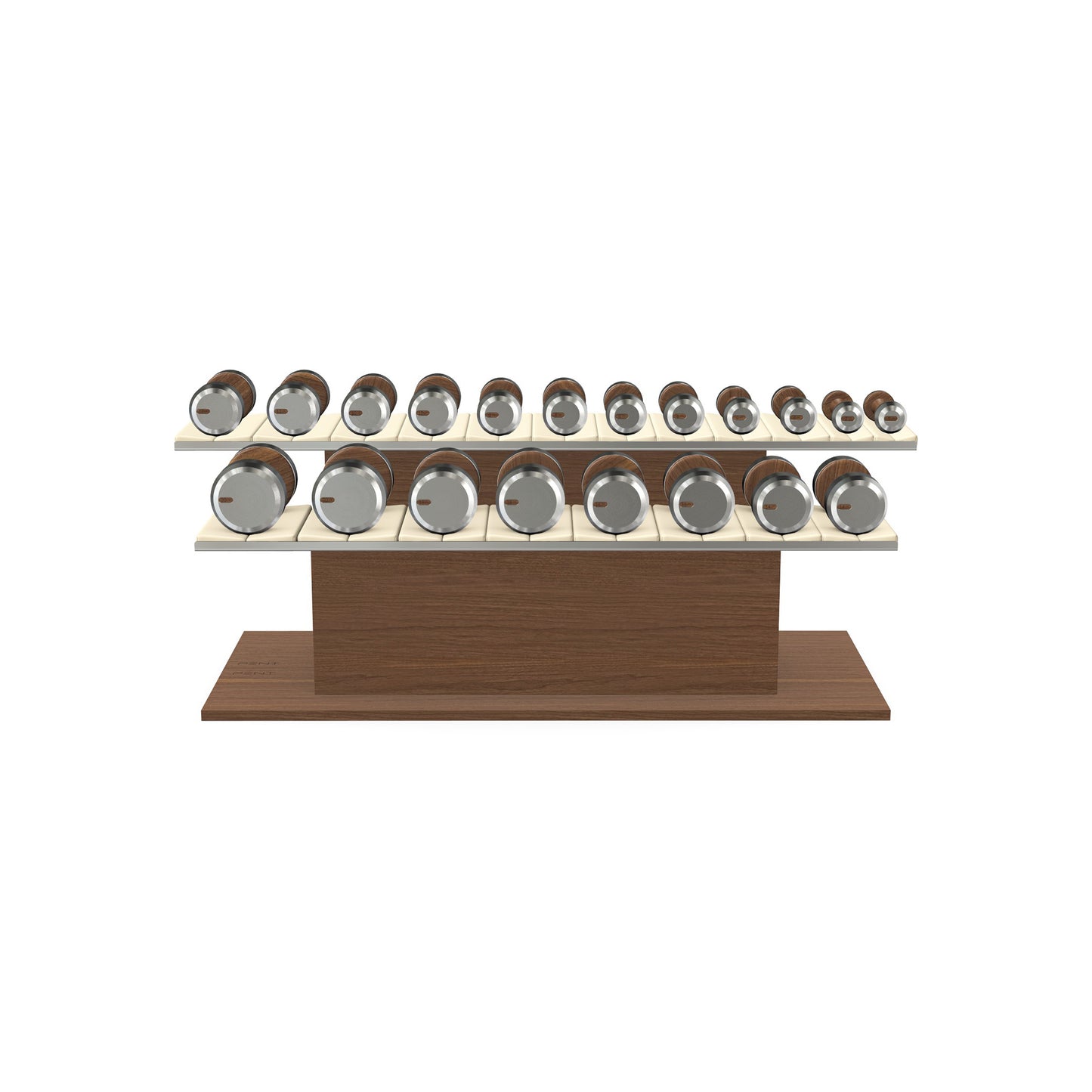 Luxury gym equipment, 10 pair of dumbbells on horizontal wooden stand, made with stainless steel, Italian beige leather and natural walnut wood.