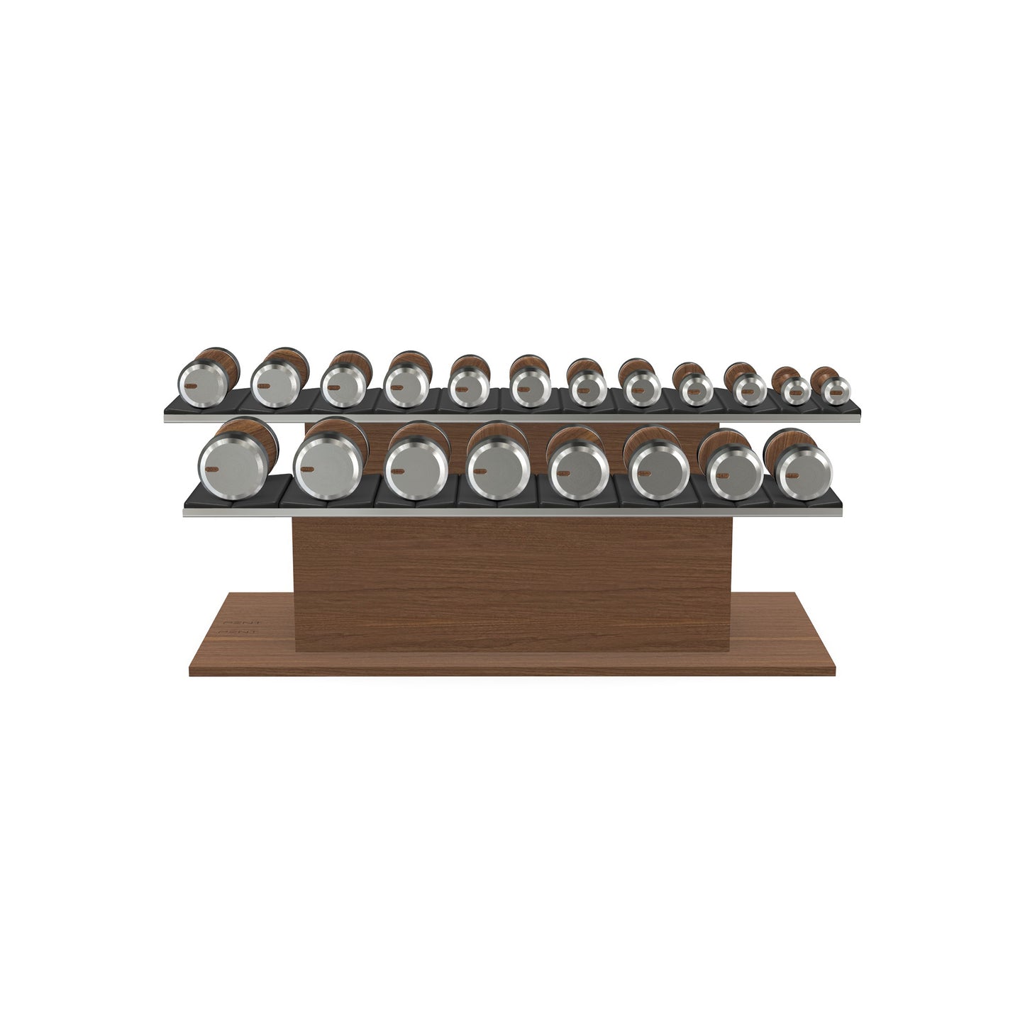Luxury gym equipment, 10 pair of dumbbells on horizontal wooden stand, made with stainless steel, Italian black leather and natural walnut wood.