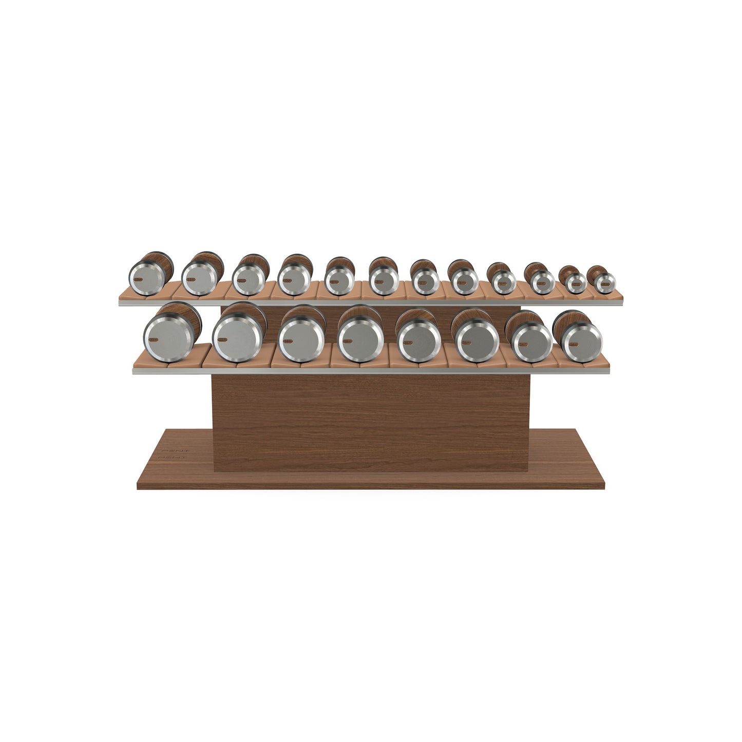 Luxury gym equipment, 10 pair of dumbbells on horizontal wooden stand, made with stainless steel, Italian brown leather and natural walnut wood.
