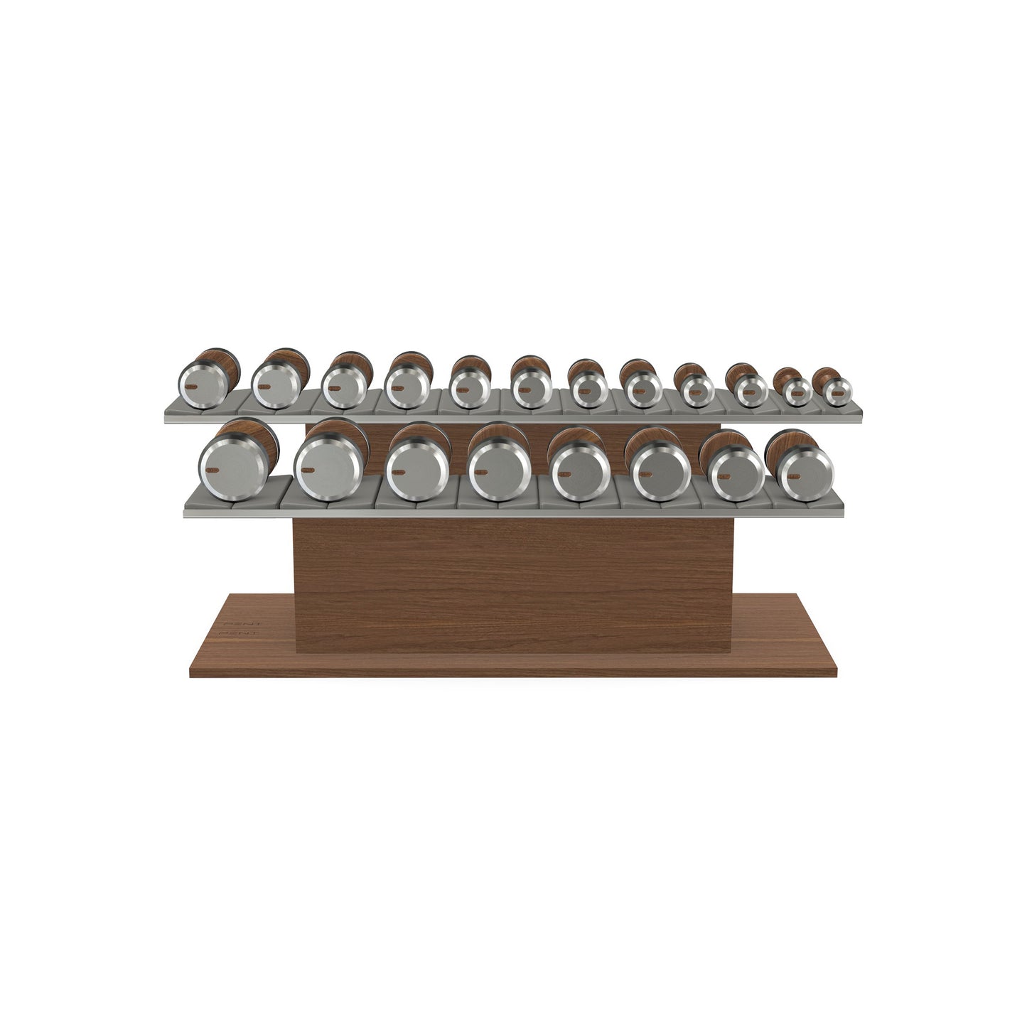 Luxury gym equipment, 10 pair of dumbbells on horizontal wooden stand, made with stainless steel, Italian grey leather and natural walnut wood.