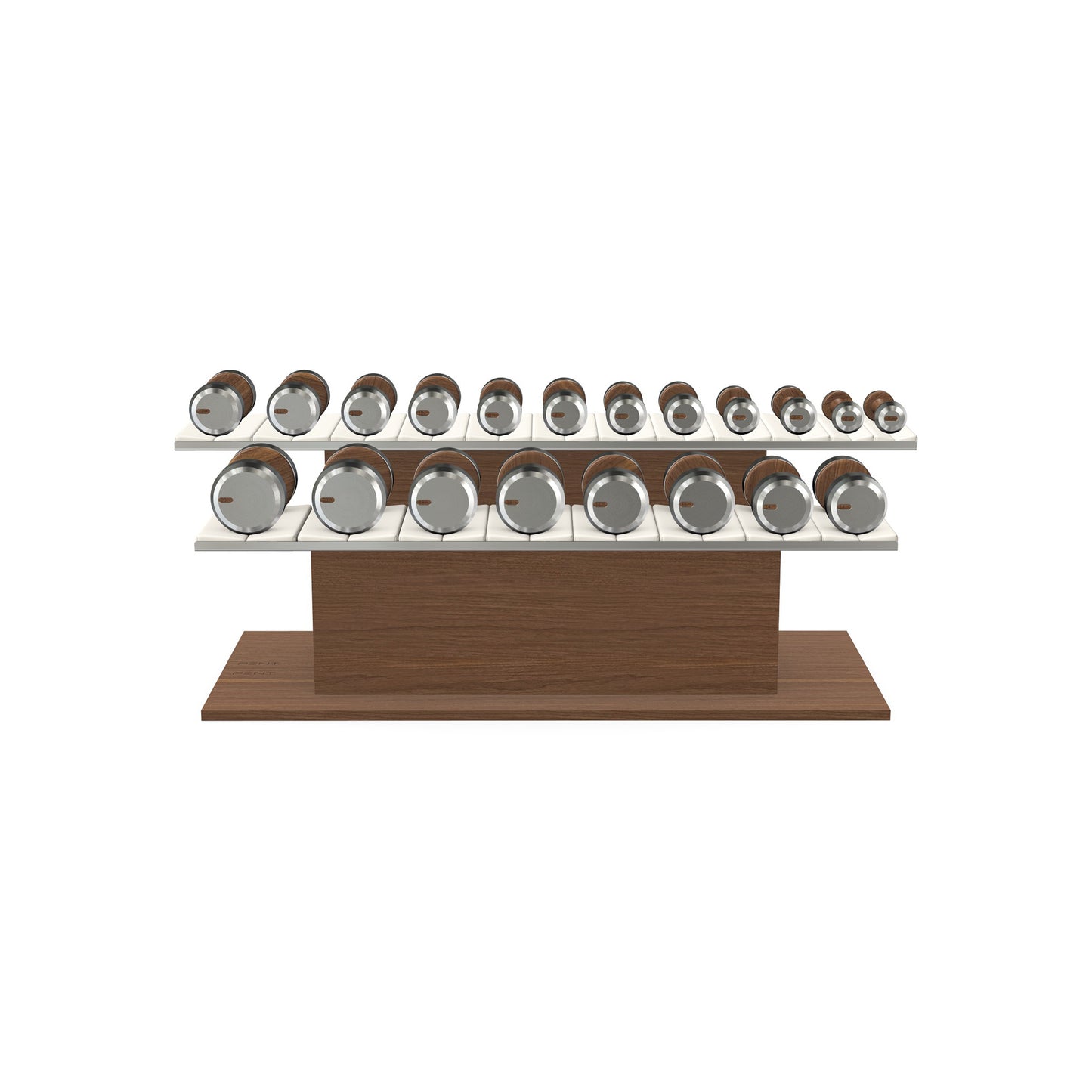 Luxury gym equipment, 10 pair of dumbbells on horizontal wooden stand, made with stainless steel, Italian white leather and natural walnut wood.
