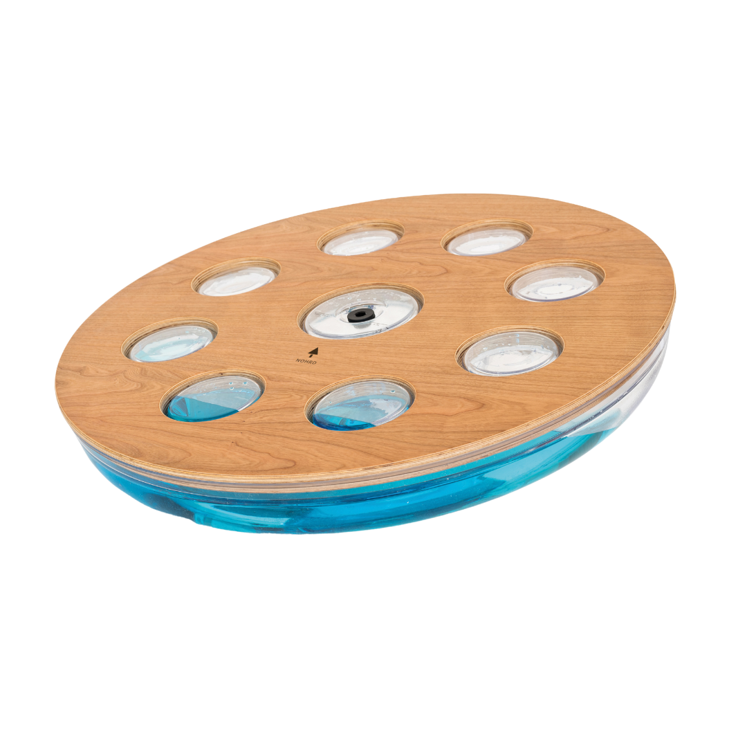 A balance board with natural cherry wood materials that incorporates a water-filled tank, for core stability training. NOHRD Eau-Me Board