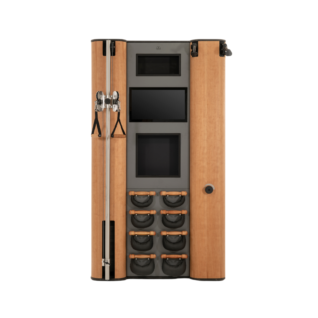 A modern full body workout equipment featuring cable machine, cross country ski trainer, four pairs of swing weight and touchscreen tablet, in cherry wood finish. NOHRD Wall Compact - All-in-One Exercise Wall