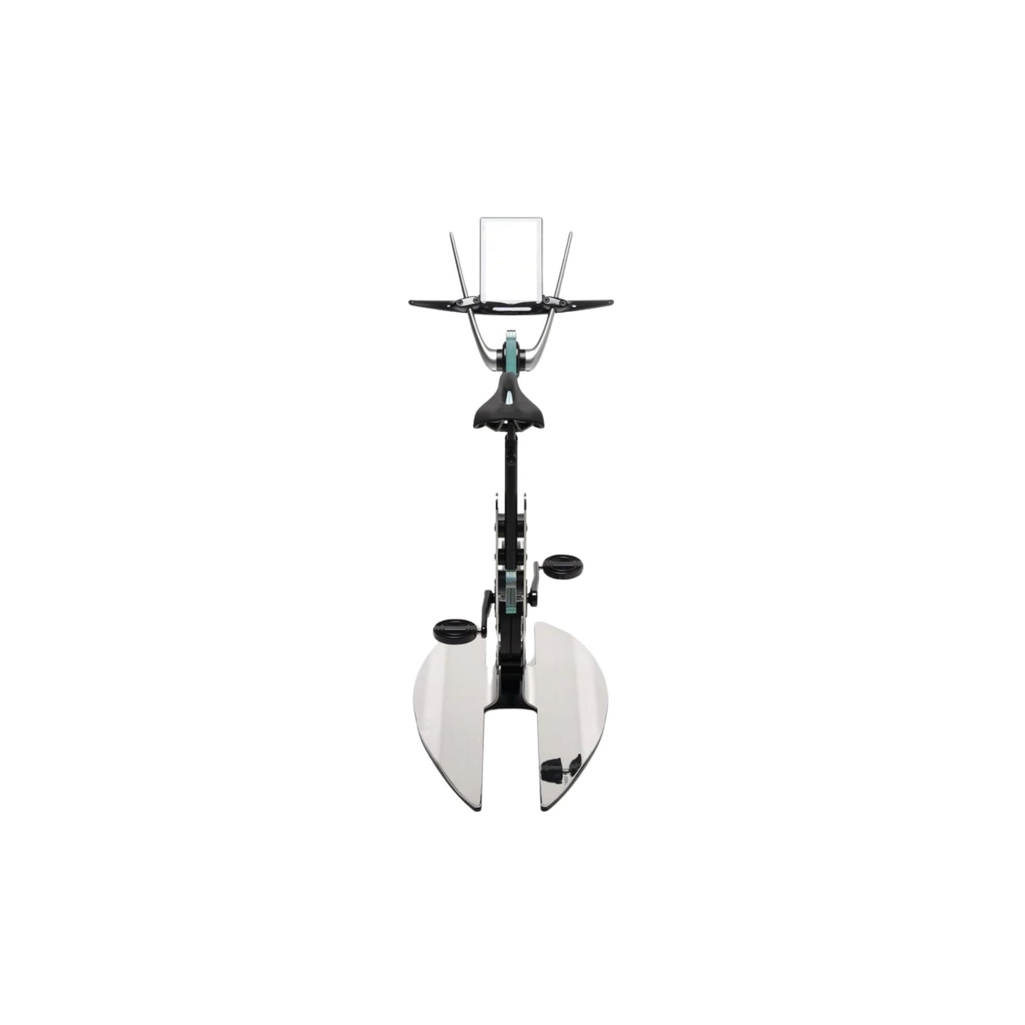 Front view of a luxurious gym equipment, Italian design exercise bike made of crystal glass. Ciclotte Teckell - Glass Exercise Bike