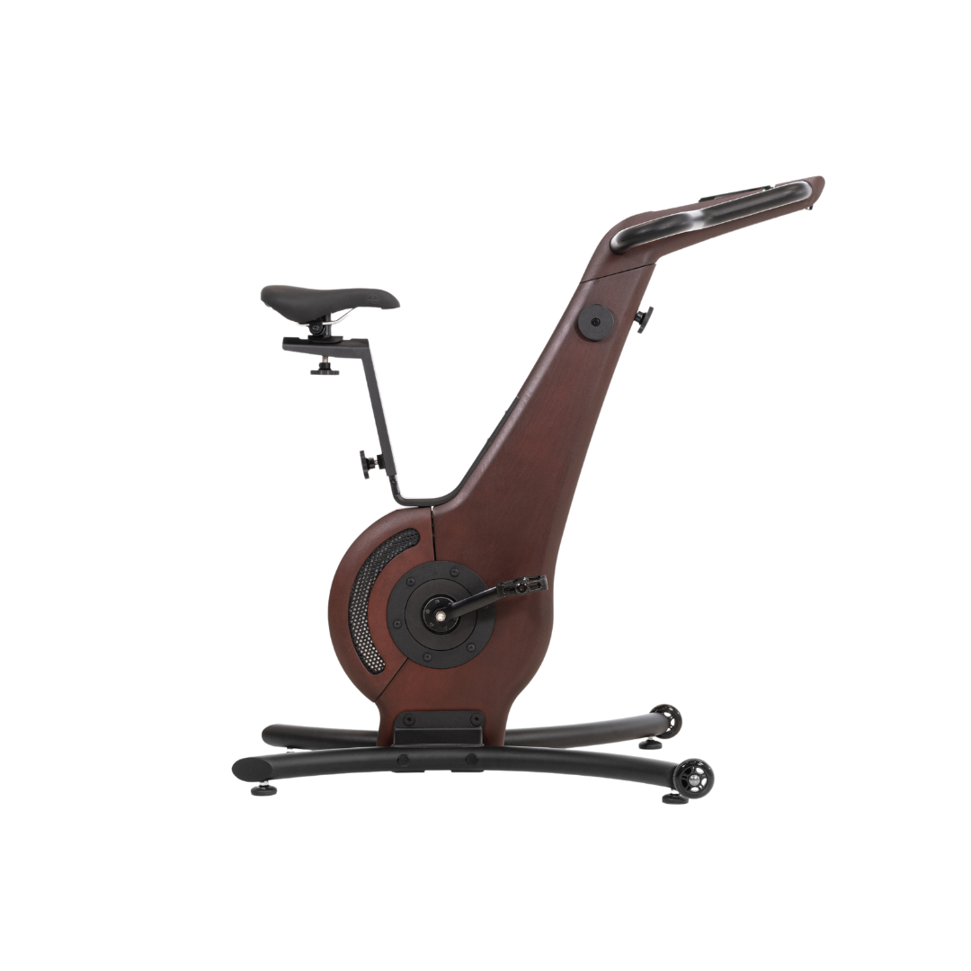 A modern exercise bike with club wooden frame and minimalist design, featuring an adjustable seat and streamlined structure. NOHRD Bike V2