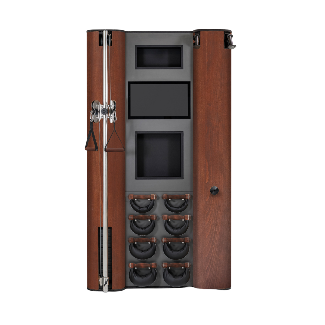 A modern full body workout equipment featuring cable machine, cross country ski trainer, four pairs of swing weight and touchscreen tablet, in club wood finish. NOHRD Wall Compact - All-in-One Exercise Wall